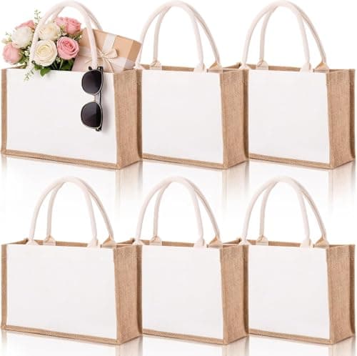 SOUJOY 6 Large Pack Burlap Tote Bags, 37×25cm Reusable Jute Gift Totes with Handles, Water Resistant Beach Bag, Canvas Grocery Shopping Totes for Bridesmaid, DIY, Wedding, Valentine's Day