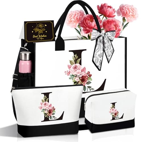 Birthday Gifts for Women - Initial Canvas Tote Bag & Makeup Bag, Personalized Gifts for Women,Personalized Present Bag,Custom Bags for Beach,Wedding,Birthday Gift for Mom Sister Friends (L)