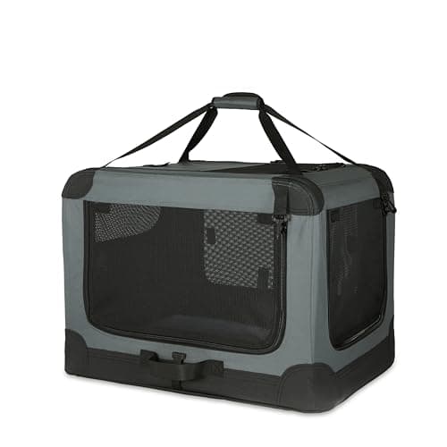 Amazon Basics 4-Doors Portable Soft-Sided Folding Travel Crate Kennel for cat, dog, and other small animals, Grey, S 66 cm x 46 cm x 46 cm