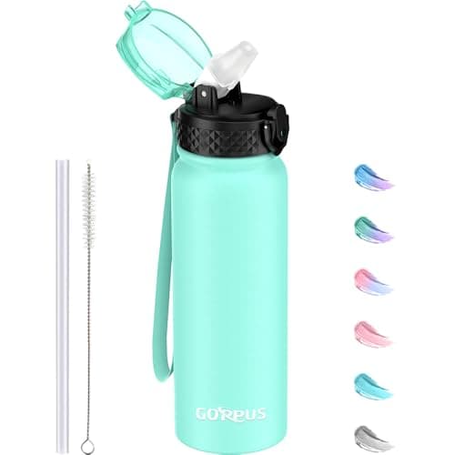 GOPPUS 600ml/20oz Stainless Water Bottle with Straw Double Wall Insulated Bottles with Strap One Hand Open Vacuum Thermal Flask with Flip Top Lid Leakproof Keep Cold Drinks BPA Free (Mint Green)