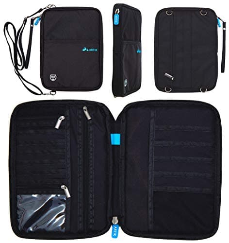 ARTIK Family Passport Holder - Large Capacity - Removable Shoulder and Wrist Straps - Earphone/Charging Cable Hole - RFID Blocking - Water Resistant - Travel Wallet - Document Organiser