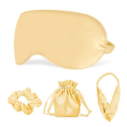 Sleep Masks Silk Sleep Eye Mask Travel Set Soft Sleeping Eye Mask with Hair Scrunchie Head Band and Travel Pouch for Girls Ladies 4 Pcs Gold