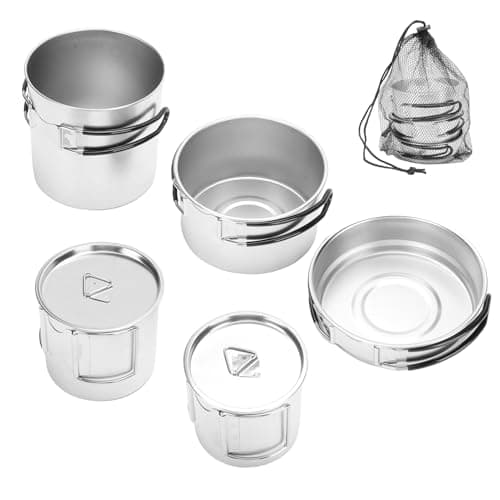 Aomiun 5 PCS Stainless Steel Camping Cookware Set, Camping Pot Pan Cup with Foldable Handles for Backpacking Camping Hiking