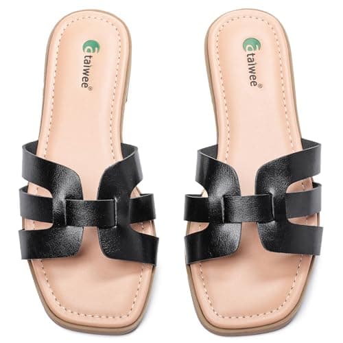 Ataiwee Women's Dressy H Flat Slide Sandals Faux Leather slippers,Black 6.5
