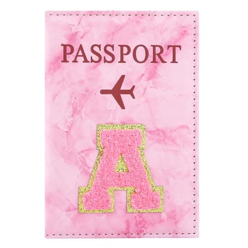 ILIYAH Personalized Initial Passport Holder – Pink Marble Chenille Letter, Waterproof PU Leather Passport Cover, Cute Travel Gift for Women and Girls