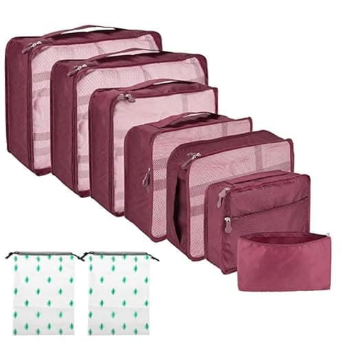 Rynli Compression Packing Cubes for Suitcases 10 Pcs, Waterproof Travel Organiser Packing Cubes Compression Set for Clothes, Shoes & Toiletries Luggage Storage Bags for Men & Women (Wine Red)