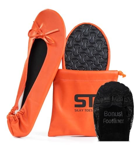 Women's Foldable Portable Travel Ballet Flat Roll Up Slipper Shoes (Large, Orange)
