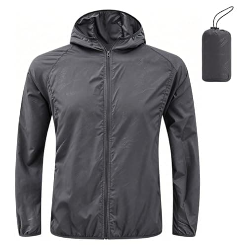 ADUDVLO Men's Lightweight Waterproof Jacket with Pockets, Packable Hooded Windproof Rain Jacket for Travel, Running & Hiking – Includes Carry Pouch (UK, Alpha, L, Regular, Regular, Grey)