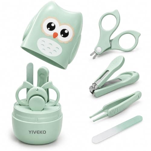 YIVEKO Baby Nail Kit, 4-in-1 Baby Nail Care Set with Cute Case, Baby Nail Clippers, Scissors, Nail File & Tweezers, Baby Manicure Kit and Pedicure kit for Newborn, Infant, Toddler, Kids-Owl Green