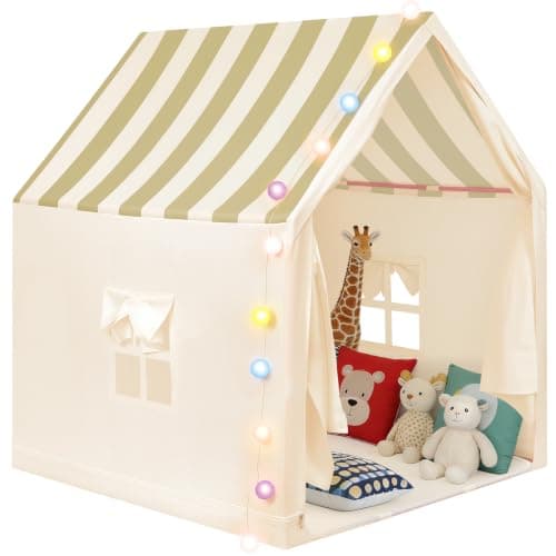 Anbte Kids Play Tent with String Lights Indoor, For 1-3 Kids, Beige Stripes