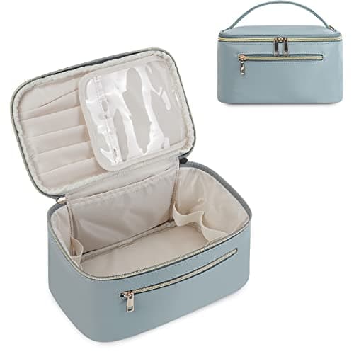 Travel Makeup Bag, Large PU Leather Cosmetic Case with Brush Compartment, Greyish Blue