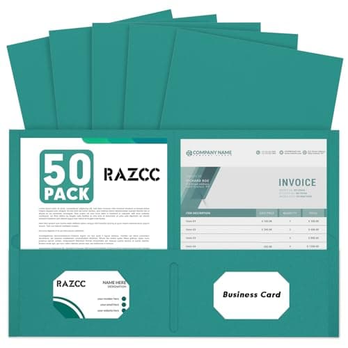 Two Pocket Folders, RAZCC 50 Pack 2 Pocket Folders Fit Letter Size Paper, Paper Folders with Pockets for School Office Business Home (Turquoise)