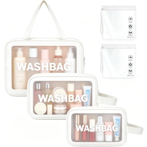 WUBAYI 5Pcs Clear Toiletry Bag, Waterproof PU Makeup Bag with Zipper Handle, Portable Airport Cosmetic Bag for Women & Men, Travel Accessories Wash Bag for Travelling & Holiday (5 Packs White)