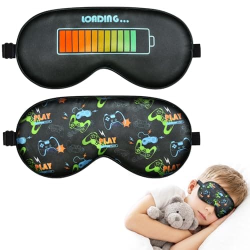 2 Pack Boys Sleep Mask, Blackout Silk Eye Mask for Sleeping with Adjustable Strap, Kids Sleep Mask for Home & Travel (Black & Green Game Console)