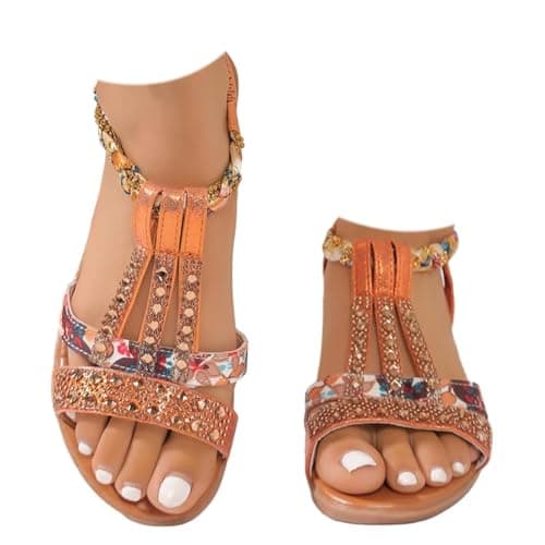 AEHAXGD Rhinestone Wedge Sandals for Women 2026 Summer Orthopedic Bohemia Sparkly T Strap Shoes Embellished Jeweled Beaded Sandals with Elastic Ankle Strap Comfy Cute Sandals for Beach Travel