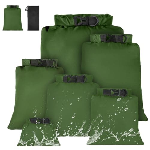 vsshe Waterproof Dry Bags 6PCS, Lightweight DryBags, Compression Sack Canoe Bag with1.5L, 2.5L, 3L 3.5L, 5L, 8L Sacks Bag for Kayaking Rafting Boating Hiking Camping Travel Backpacking Green