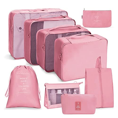 OSDUE Packing Cubes for Suitcases, 9PCS Travel Luggage Packing Organizers Waterproof Travel Essentials Bag Accessories Clothes Shoes Cosmetics Toiletries Storage Bags(Pink)