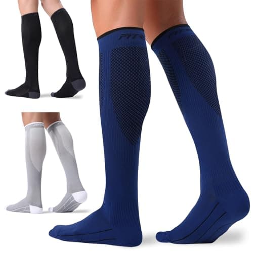 FITRELL 3 Pairs Compression Socks for Women and Men 20-30 mmHg Travel Flight Socks Medical Knee High Socks for Sport, Flying, Carers, Nurse, Pregnant Women, Varicose Veins, Black+Grey+Navy, S/M