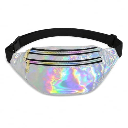 Fashion Metallic Bum Bag,Holographic Waist BagFanny Double Zipper Belt Bag Festival Rave Bumbags Waterproof Hip Pouch for Women Ladies Girls Travel Party Festival Sports Outdoor (Silver)
