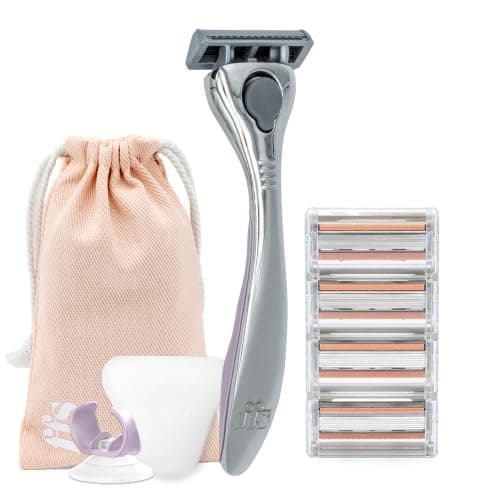 FFS Beauty Starter Shaving Set for Women - Premium Metal Razor Handle, Shower Holder, Travel Pouch, 4 SmoothGlide 6-Blade Cartridges with Vitamin E Lubrication Strip (Blossom)