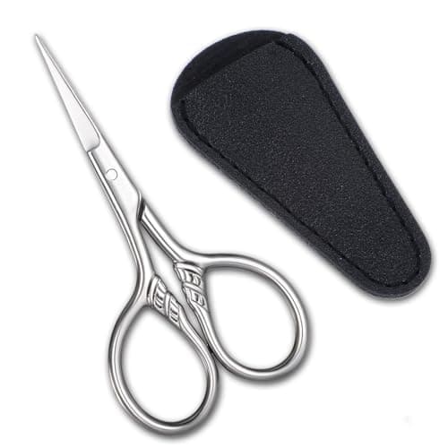 Small Scissors, Small Travel Scissors with Case, Stainless Steel Mini Scissor with Textured Handle, Multi-Purpose Vintage Beauty Grooming Kit for Facial Hair, Eyebrows, PU Leather Case