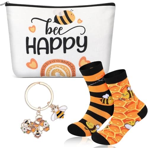 Xuniea 3 Pcs Thank You Gifts Set Women Inspirational Travel Cosmetic Bag Themed Keychain and Socks for Staff Teachers Nurses Christmas Birthday Gift(Bee Style,Yellow and Black)