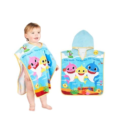 Baby Shark Poncho Towel 100% Cotton Terry 12M+ Super Absorbent Machine Washable 50 x 50cm Unisex Baby Bath Beach Swimming Towel for Children with Hood