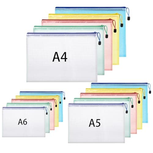 Plastic Wallets A4 + A5 + A6, 15 Pack Zip Lock Bags Mesh Document Wallet File Folders Zip Pouches with Labels for School Office Supplies Home Travel Storage
