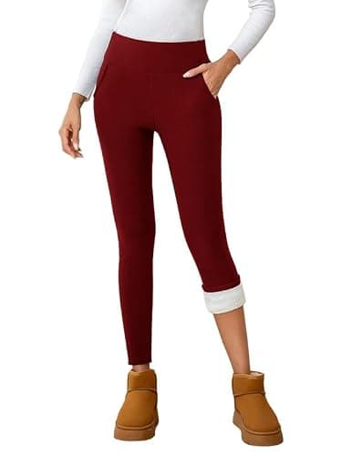 CrystErzoix Fleece Lined Leggings Women High Waisted Thermal Leggings Thick Ladies Sports Yoga Leggings Winter Warm with Pockets, Wine Red M