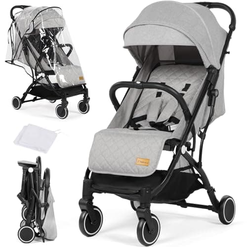 Hello-5ive Lightweight Travel Stroller Compact Baby Pushchair with Adjustable Seat, Mosquito Net, Rain Cover, One-Hand Folding Buggy with 5-Point Harness for Toddlers from Birth to 15kg (Light Grey)