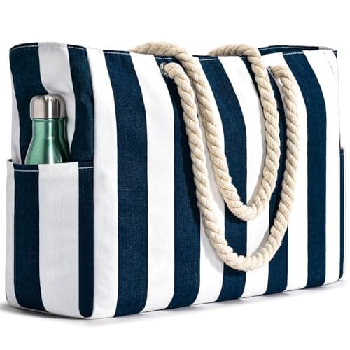 oscaurt Large Beach Bag Stripe Tote Bag with Zip Beach Bags for Women Waterproof Shopping Bag Handbags Pool Bag Holiday Essentials