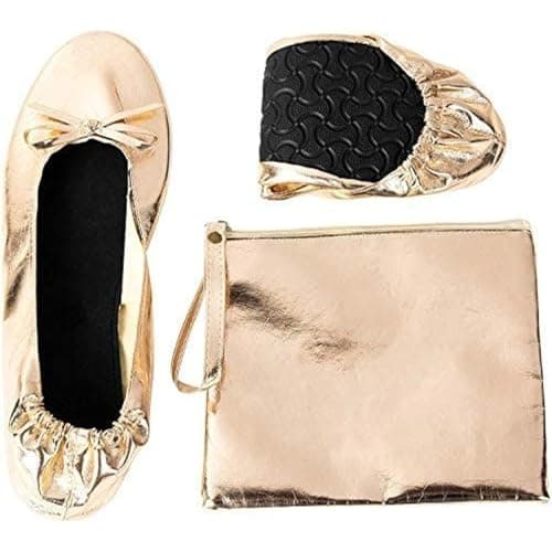 Foldable Ballet Flats - Women's Portable Ballerina Roll up Shoes, Gold, 10-11