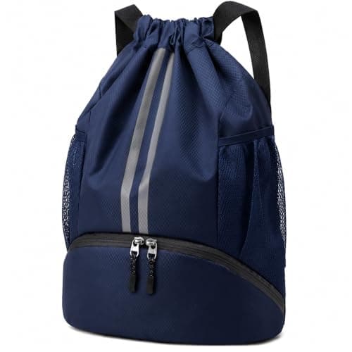 Sioloc Blue Waterproof Drawstring Backpack for Gym & Swim – Lightweight Sports Bag with Shoe Compartment, Large Capacity, Wet/Dry Pockets (Men & Women)