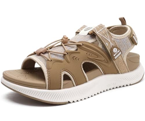 ONCAI Walking Sandals for Women, Sport Athletic Hiking Sandals With Arch Support Orthotic Outdoor Footbed for Plantar Fasciitis, Water Sandalias Mujer with Adjustable Strap Beige/White Size 5