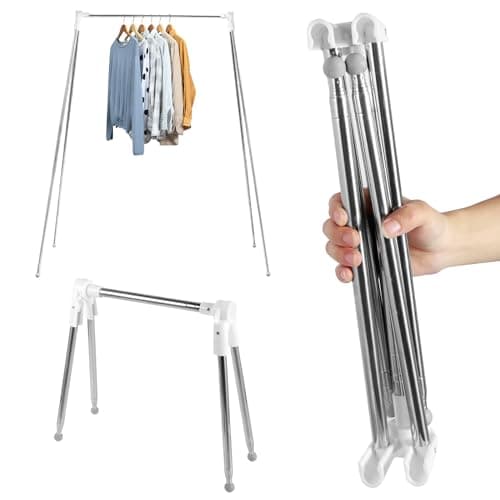 Portable Travel Garment Rack Stainless Steel Foldable Clothing Rail Retractable Clothes Drying Rack Folding Clothes Hanging Stand No Installation Laundry Drying Rack with Storage Bag for Home Dorm