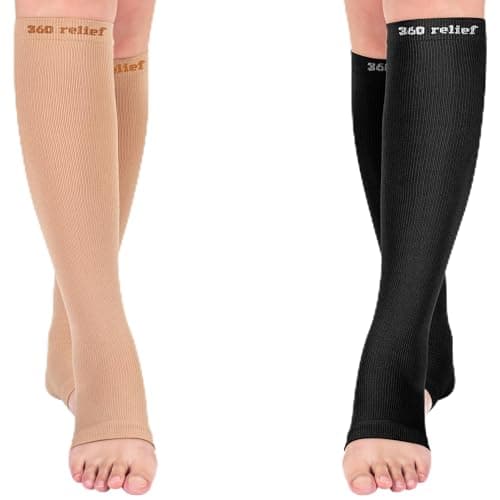 360 RELIEF Open Toe Compression socks for women & Men, L/XL Beige+Black
