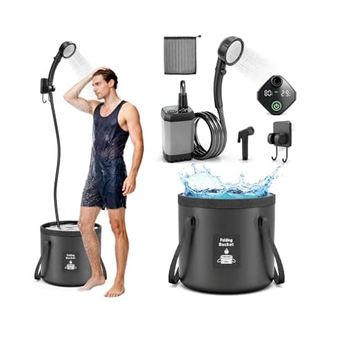 FOTSHARER Portable Shower for Camping with Shower Head 3 Spray Modes, 6000mAh Rechargeable Shower Pump with LED Display Foldable Bucket Outdoor Showering for Hiking RV Car Travel Pet