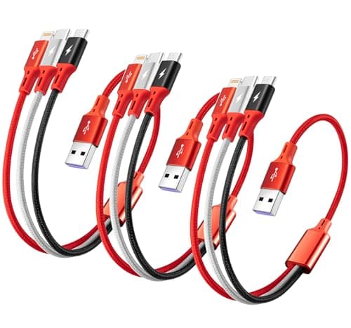 ASICEN 3 in 1 Short Multi Charger Cable, 35cm, Red, 3-Pack