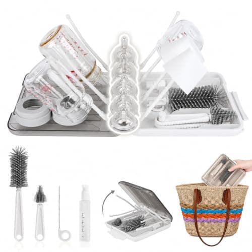 Baby Bottle Brush Set, 6-in-1 Travel Bottle Cleaning Kit with Silicone Bottle Brush, Nipple & Straw Brush, Soap Dispenser, Drying Rack & Storage Box – Compact Baby Essential for Home & On-The-Go