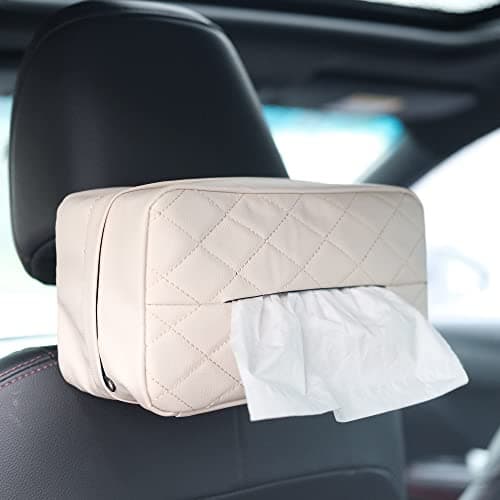 Qirc PU Leather Car Tissue Holder, Car Back Seat Headrest Hanging Tissue Boxes, Cars Napkin Box Holder for Universal Auto, Large Tissue dispenser fit for 120 Tissues per Box (Beige)