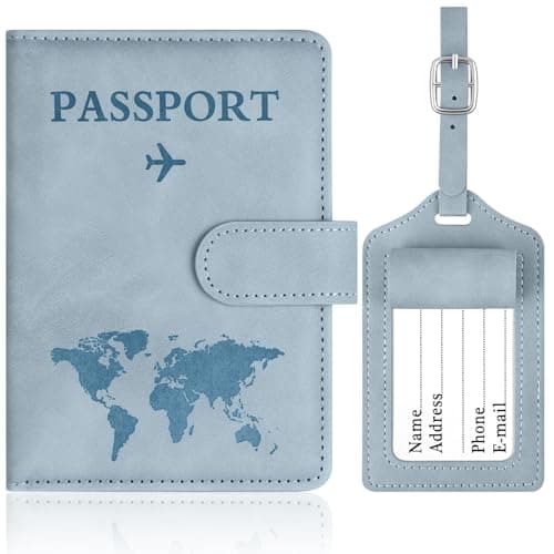 OFFCUP Passport Holder Cover, PU Leather Passport Cover and Luggage Tag Set with RFID Blocking Travel Wallet, Universal Travel Wallet Case Organiser for Money, Boarding Passes, Credit Cards Sky Blue