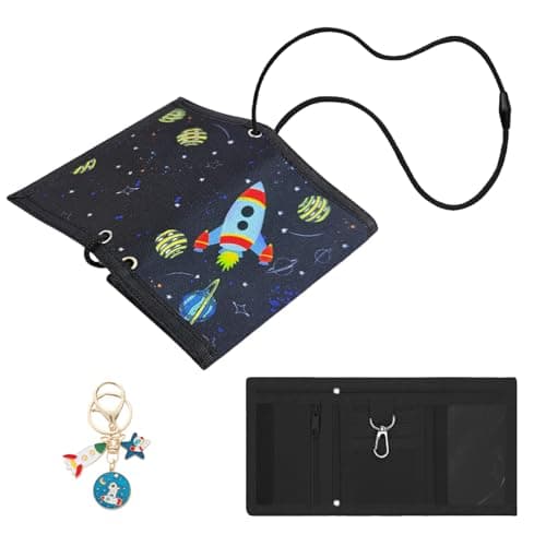 Aucuu Kids Wallet, Cartoon Waterproof Wallet, Trifold Wallets with Card Slots Lanyard and Keychain, Travel Document Wallets for Teenagers Boys Girls for School, Travel, Birthday Gifts (Space)