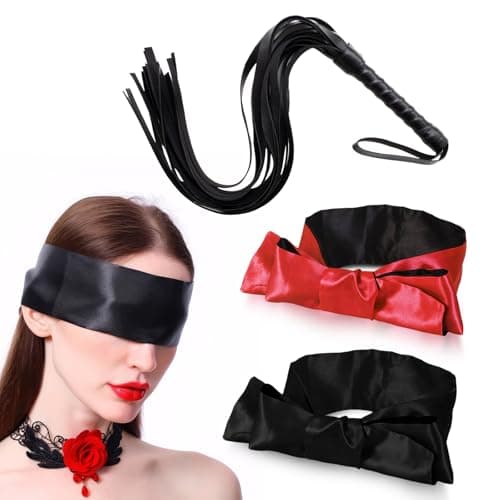 DHFUCNKO 3 Pcs Silk Satin Blindfold and Leather Riding Crop