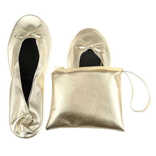 Momolaa UK 4.5 Ladies Roll up Shoesportable Travel Ballet Flat Fold up Pumps After Party Shoes Slipper (with Carrier Pouch) A0_Clearance Gold