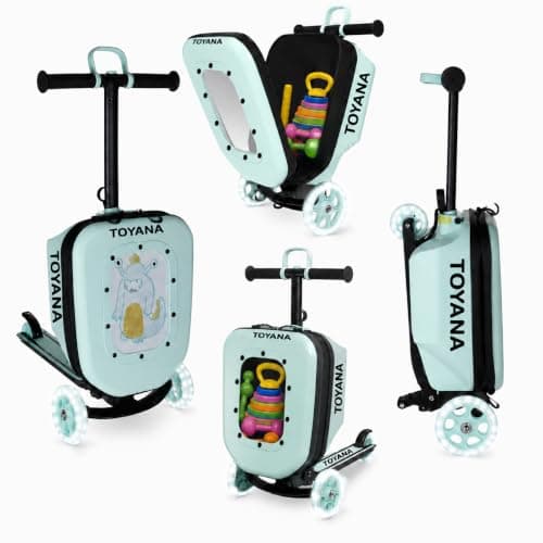 TOYANA 3-in-1 Suitcase Scooter for Kids, Foldable Ride-on Luggage Scooter, Aeroplane Carry-on Cabin Bag with LED Light-Up Wheels & Height Adjustable Handle for Toddlers 2-5 Years Boys & Girls - Mint