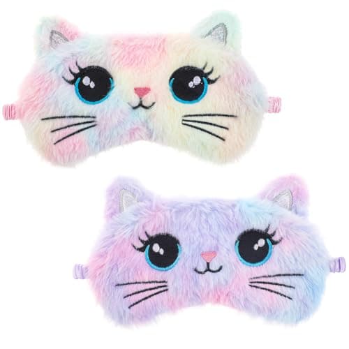 Plush Sleep Mask, 2 Pcs Cute Cat Sleeping Eye Mask Colorful Soft Sleeping Masks Comfortable Funny Animal Night Eye Masks for Sleeping for Women Home Travel Camp Nap