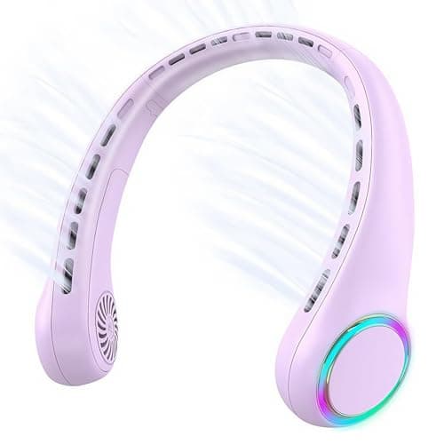 ThreeH Quiet Neck Fan USB Charged Bladeless Personal Fan with Soothing Color Lights Portable Quiet for Home Office Outdoor Activities Purple