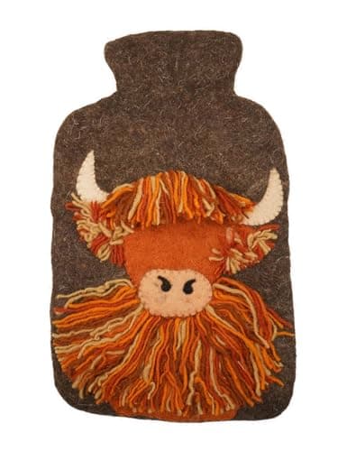 Pachamama Handfelted 100% Wool Hot Water Bottle Cover and 2 Litre Hot Water Bottle - Hairy Highland Cow Pattern Handmade Fair Trade Multicoloured Thermal