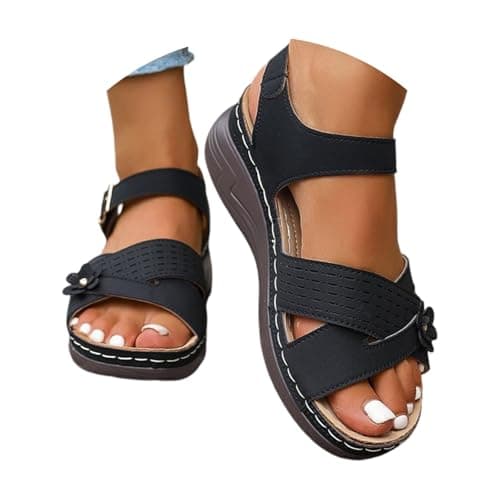 Orthopedic Sandals for Women UK Plantar Fasciitis Comfort Wedge Sandals Open Toe Ankle Strap Sandal Summer Wide Fit Cushion Walking Shoes Ladies Casual Summer Sandal with Arch Support 2-Black, 6