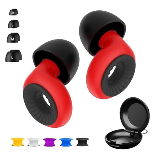 Reusable Ear Plugs for Sleep - Noise Cancelling, Snoring, Travel, and Concerts | 25dB Hearing Protection with Noise Reduction | Comes with 8 Ear Tips and XS/S/M/L - Black (Red)
